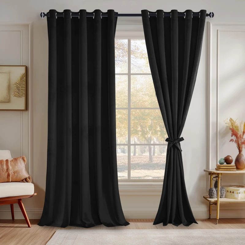 JIUZHEN Black 60 x 96 inches Velvet Blackout Curtains - Extra Wide Insulated Window Covering Noise Absorbing & Privacy Protect Drapes for Living Room/Indoor Decorations, Set of 2 with Tiebacks