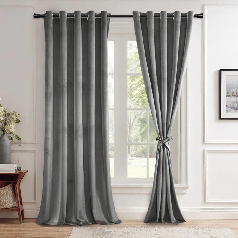 JIUZHEN Grey 60 x 96 inches Velvet Blackout Curtains - Extra Wide Insulated Window Covering Noise Absorbing & Privacy Protect Drapes for Living Room/Indoor Decorations, Set of 2 with Tiebacks