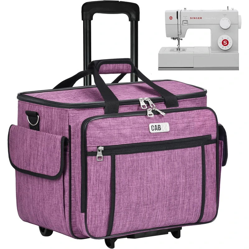 CAB55 Rolling Sewing Machine Case, Detachable Rolling Sewing Machine Carrying Case on Wheels, Trolley Tote Bag with Removable Bottom Wooden Board for Most Standard Sewing Machine -Purple
