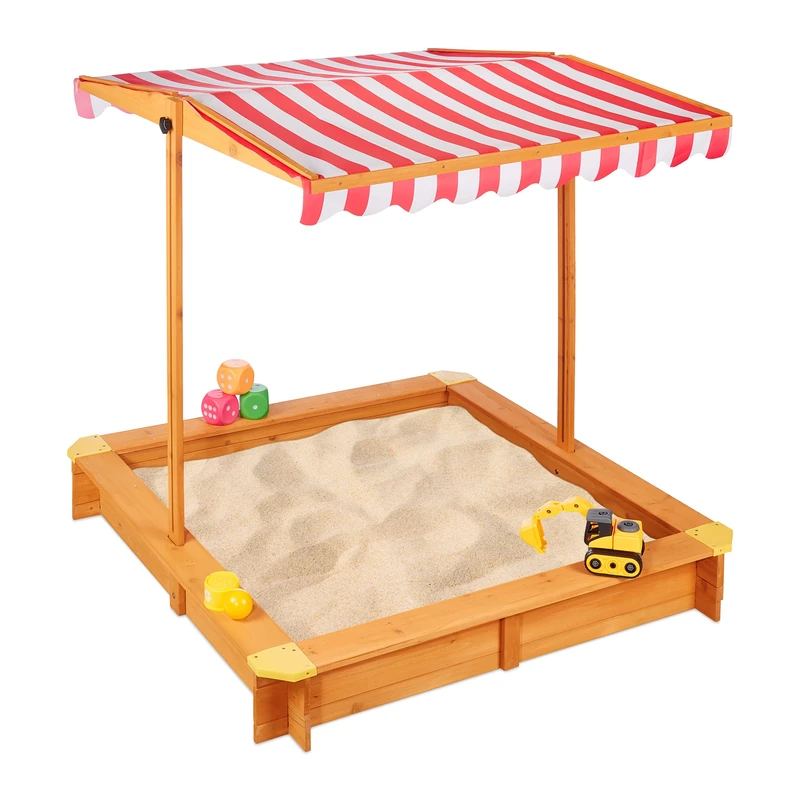 Relaxdays Sandpit, with Adjustable Roof, HxWxD: 117 x 117 x 117 cm, Sand Pit with Bottom Fleece, Pine Wood, Natural