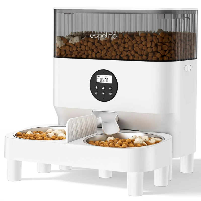 Espelho Elevated Automatic Cat Feeders for 2 Cats, 5L Timed Cat Food Dispenser with 2-Way Splitter & 2 Stainless Steel Bowls Programmable Pet Feeder for Cats & Dogs 10S Voice Recorder