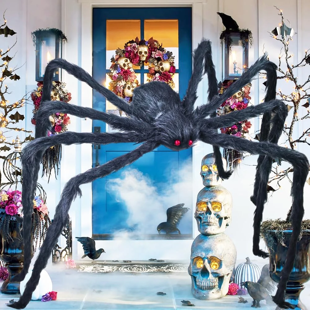 Giant Spider Halloween Decorations, 79"/ 6.6FT Large Spooky Spiders Fake Black Hairy Realistic 2M Huge & Big Spider with Red Eyes Decor for Outdoor Indoor, Room, Home, Party, Scary Haunted, House Yard