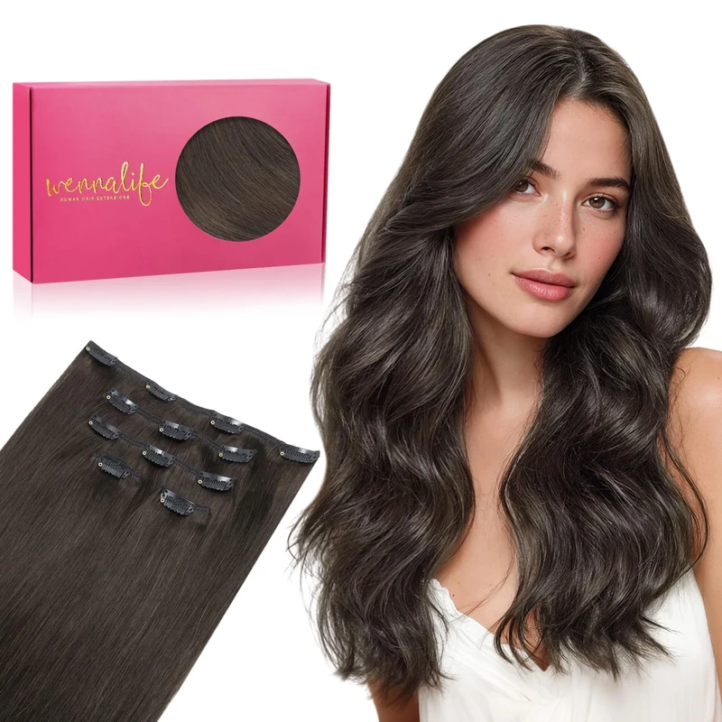 Wennalife Clip In Hair Extensions, 14 Inch 75g 5pcs Dark Brown Real Human Hair Extensions, Natural Silky Remy Hair