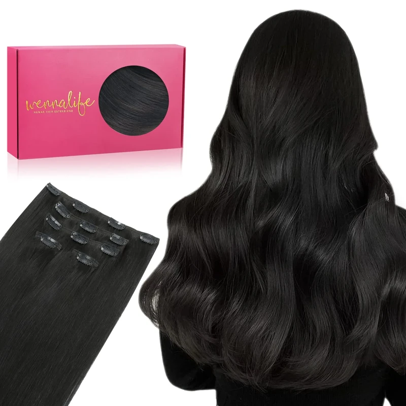 WENNALIFE Clip In Hair Extensions - 14 Inch 75g 5pcs Natural Black Remy Human Hair - Silky Real Hair Extensions