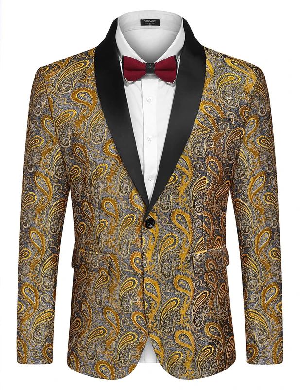 COOFANDY Mens Floral Tuxedo Jacket Paisley Shawl Lapel Suit Blazer Jacket for Dinner,Prom,Wedding, Golden Yellow, 3XL