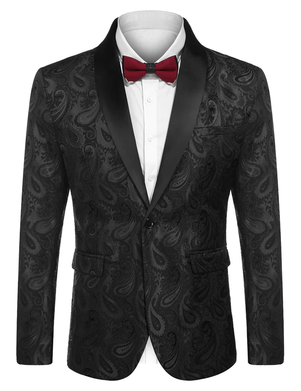 COOFANDY Mens Floral Tuxedo Jacket Paisley Shawl Lapel Suit Blazer Jacket for Dinner,Prom,Wedding, Black, XS