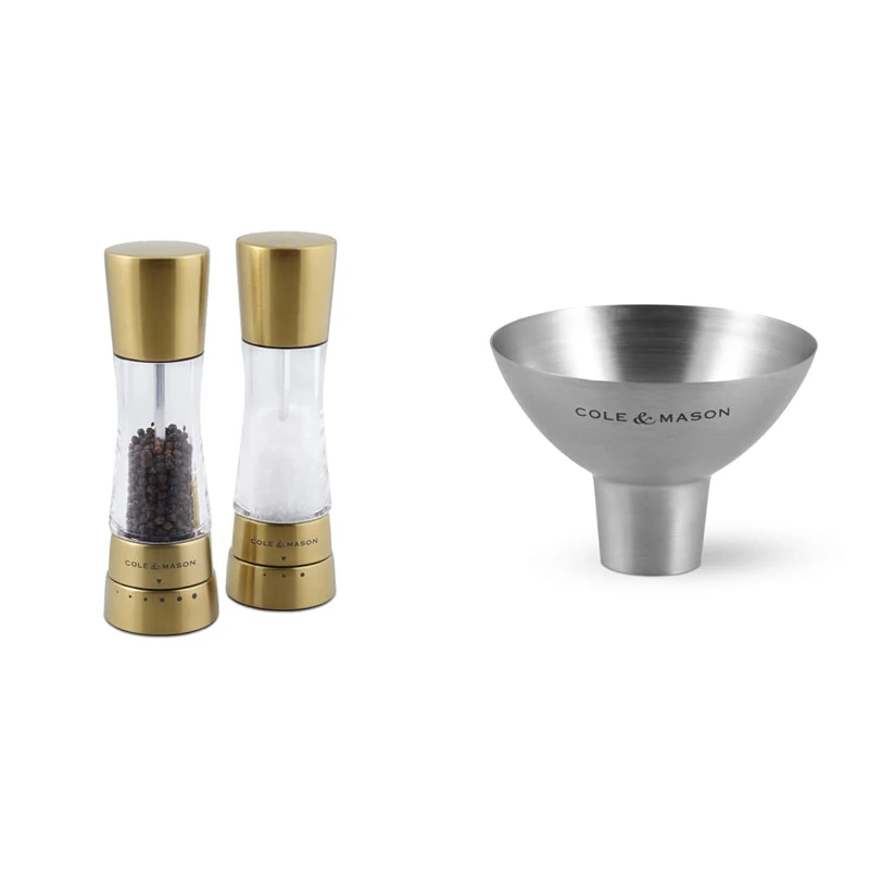 Cole & Mason H332017 Derwent Gold Salt and Pepper Mills/Cole & Mason H611928CS Dover Stainless Steel Funnel | Bundle