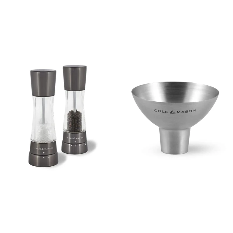 Cole & Mason H59428G Derwent Gunmetal Salt and Pepper Mills/Cole & Mason H611928CS Dover Stainless Steel Funnel | Bundle