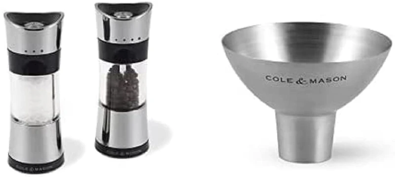 Cole & Mason H306598P Horsham Chrome Salt and Pepper Mills / Cole & Mason H611928CS Dover Stainless Steel Funnel | Bundle - Image 1