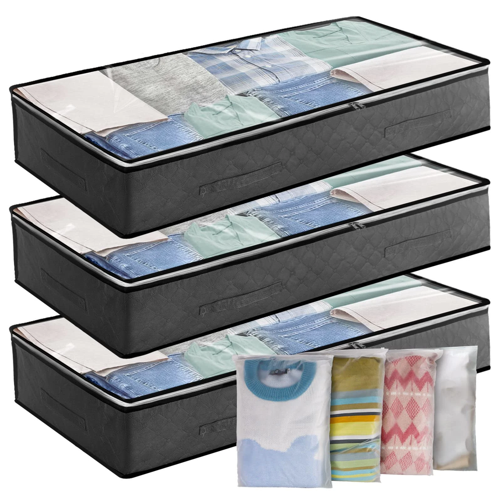 Cleaneaty Underbed Storage Bag 3Pack 90L Large Under Bed Storage Box with 4 x Large Zip lock Bags with PVC Window for Clothes, Duvets, Comforters, Blankets, Bedding