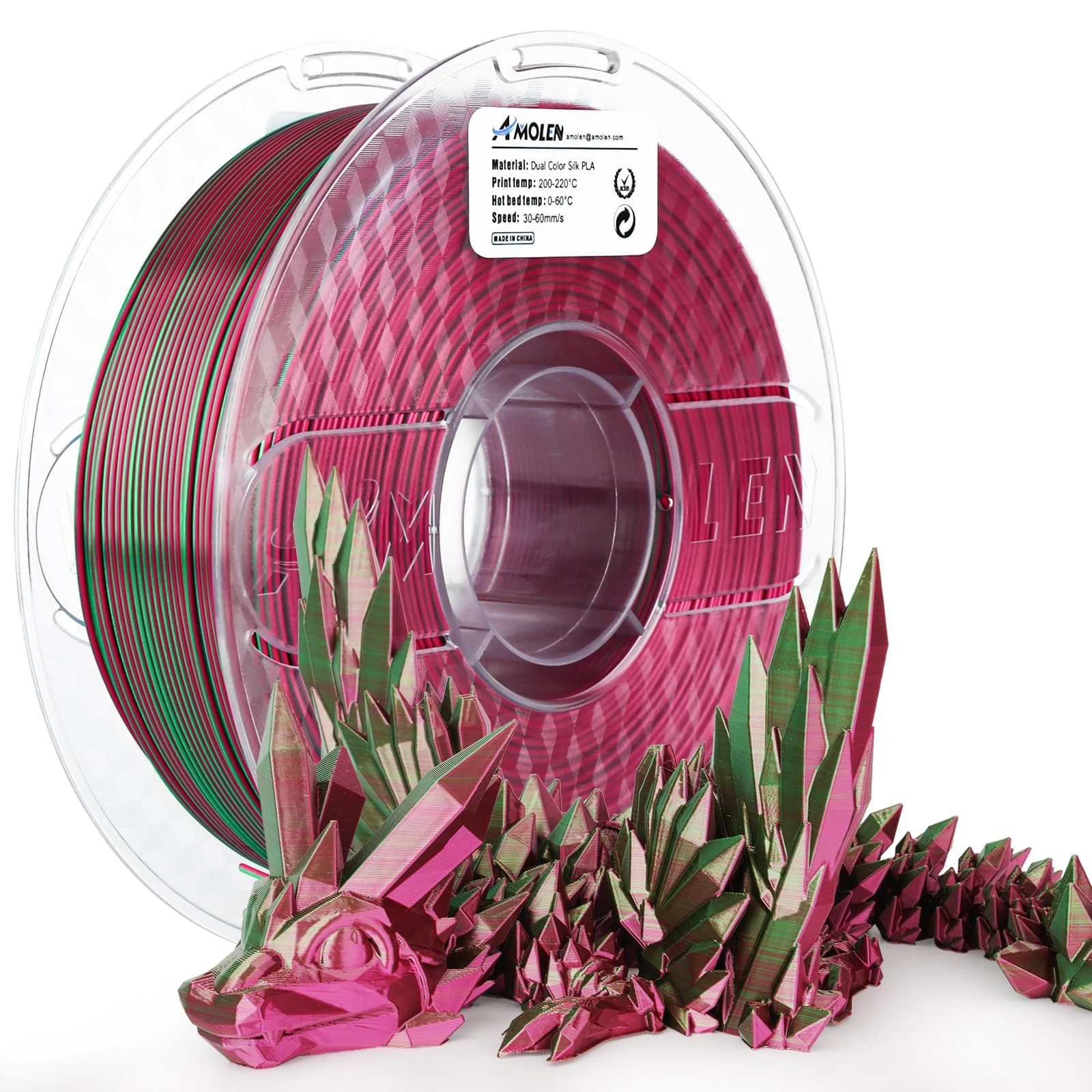 AMOLEN 3D Printer Filament, PLA Filament 1.75mm Dual Color Filament, Silk Red Green 3D Printing Filament 1KG/2.2lb