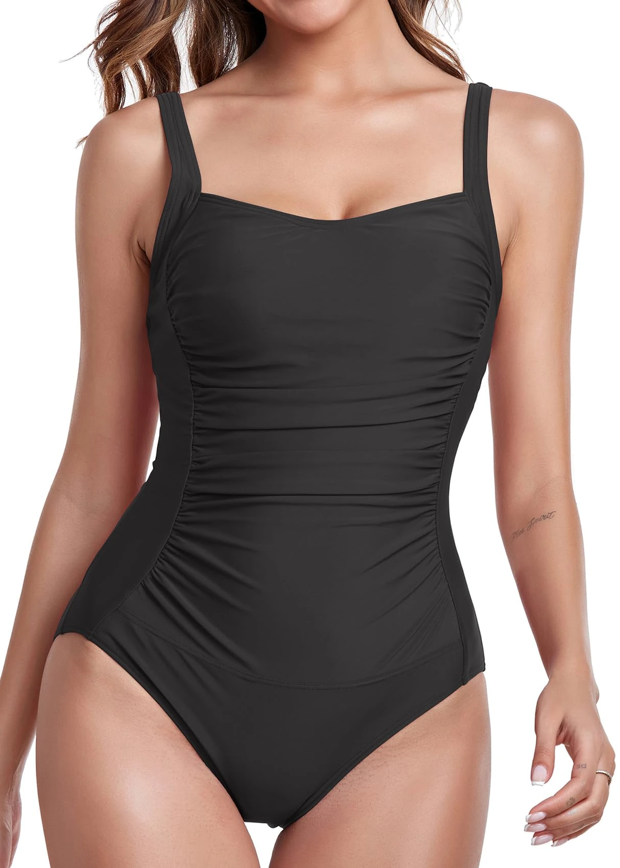 Joweechy One Piece Swimming Costume Women Ruched Tummy Control Swimwear Scoop Neck Padded Swimsuit Bathing Suits Black,XL