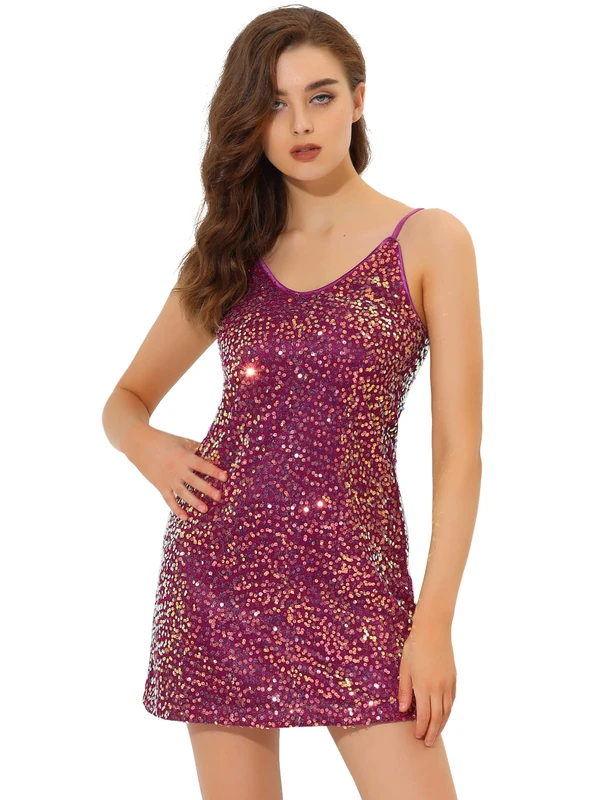 Allegra K Women's Halloween Glitter Sequin V Neck Spaghetti Strap Mini Party Dress Clubwear, Rose Red, Large