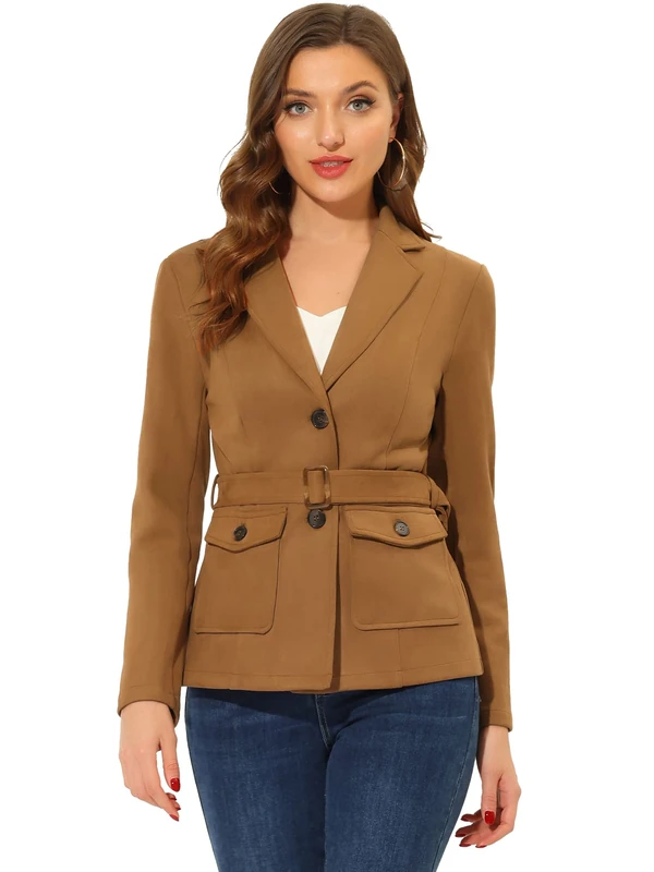 Allegra K Womens Faux Suede Blazer Belted Long Sleeve Single Breasted Work Jackets Outwear Coat, Brown, S - Image 1