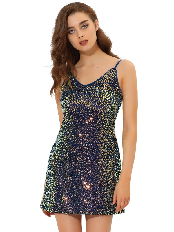 Allegra K Women's Sequin Dress Sleeveless V-Neck Party Spaghetti Strap Dress Glitter Metallic Mini Dress, Blues, M