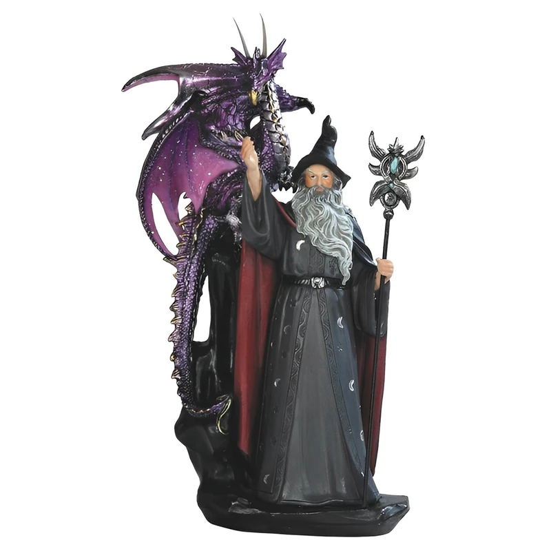 ICE ARMOR 11" H Wizard with Purple Dragon and Magic Wand Statue Figurine - Exquisitely Detailed Mythical Dragon Figurine Sculpture, Hand Painted Collectible Statue for Fantasy Enthusiasts