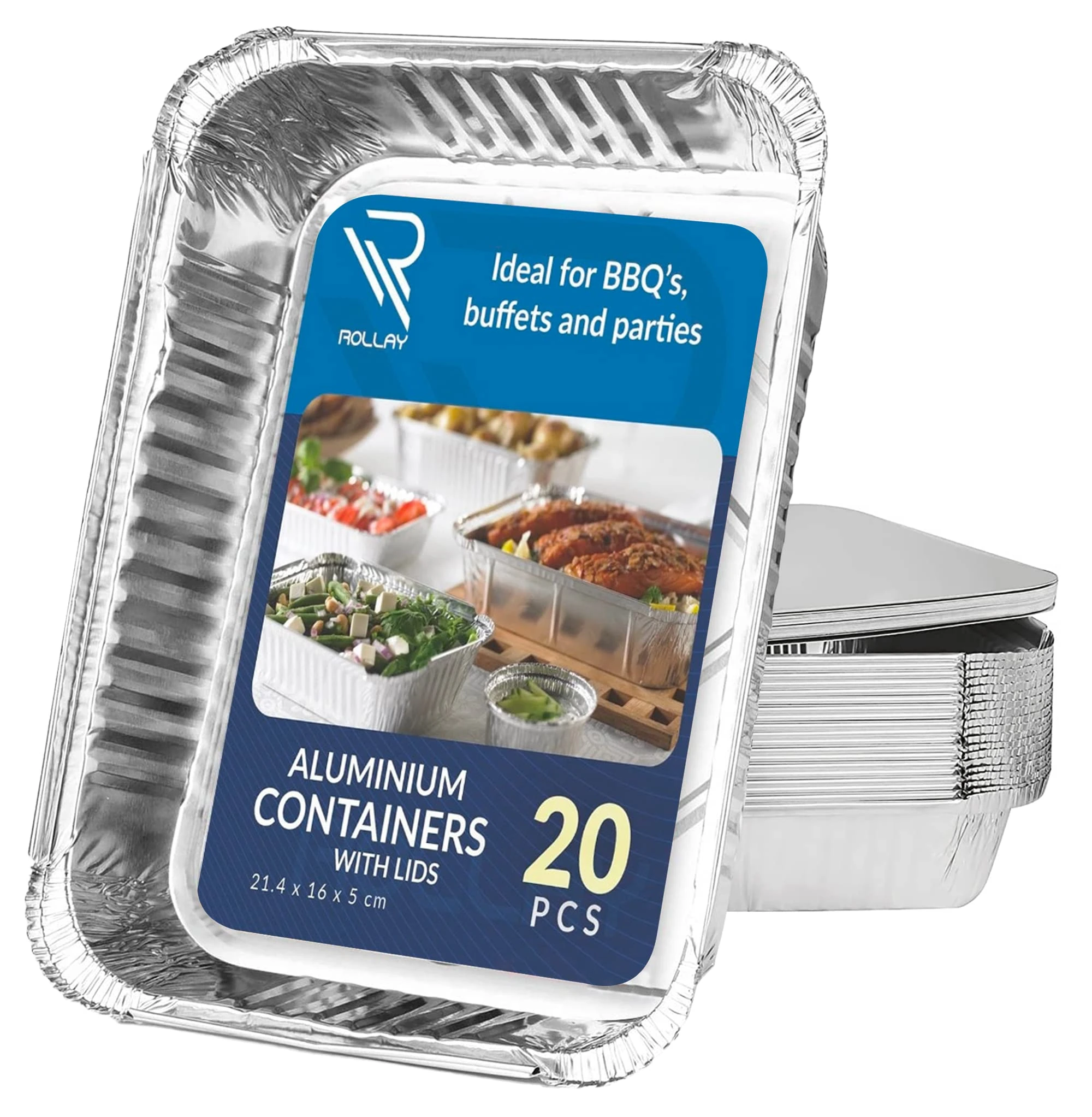 Rollay 20 Pack Aluminium Foil Trays with Lids 21.4x16x5cm/1000ml- Foil Food Containers for Food Storage, Baking, Roasting, Takeaway and Party (Pack of 20 with Lids)