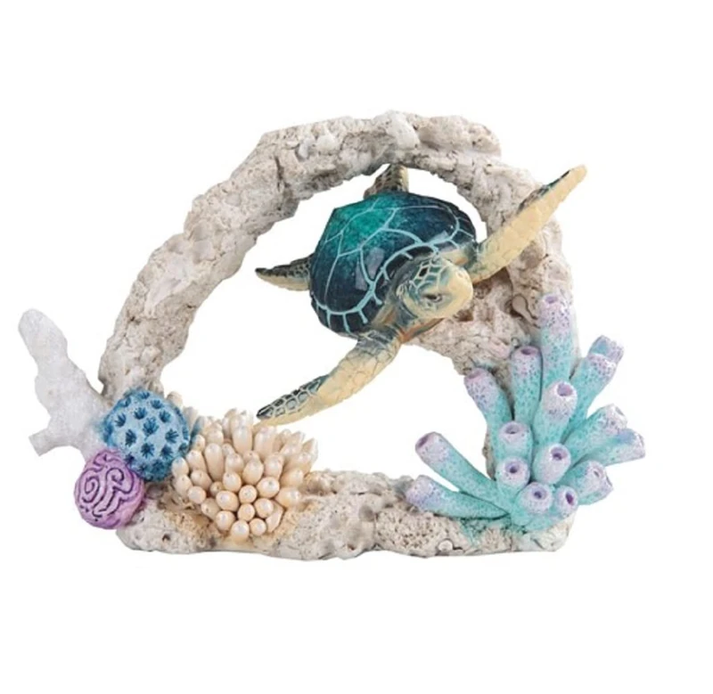 ICE ARMOR 7" W Blue Sea Turtle Swimming Around Coral Statue Marine Life Decoration Figurine Office Desk/Home/Living Room/Table Decor, Perfect House Warming Gifts for New Home