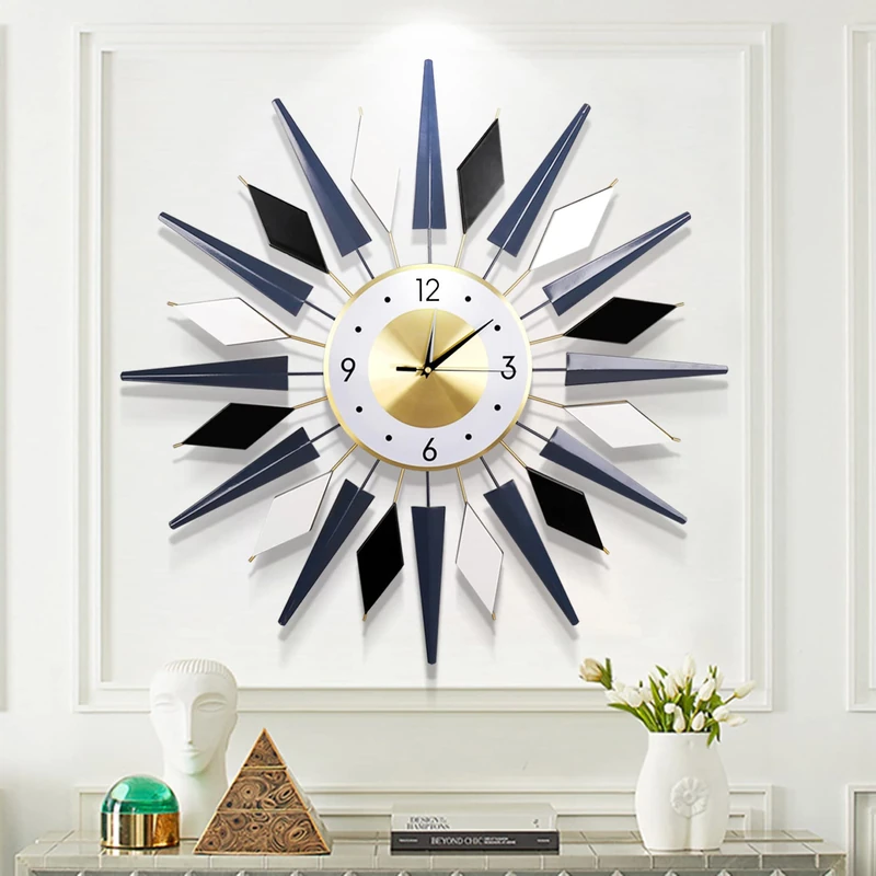 FMTAD Large Metal DecorativeSilent Non-Ticking Modern Big Wall Clocks for Living Room Dining Room Bedroom Decor, Dia 24 Inch Blue Black White