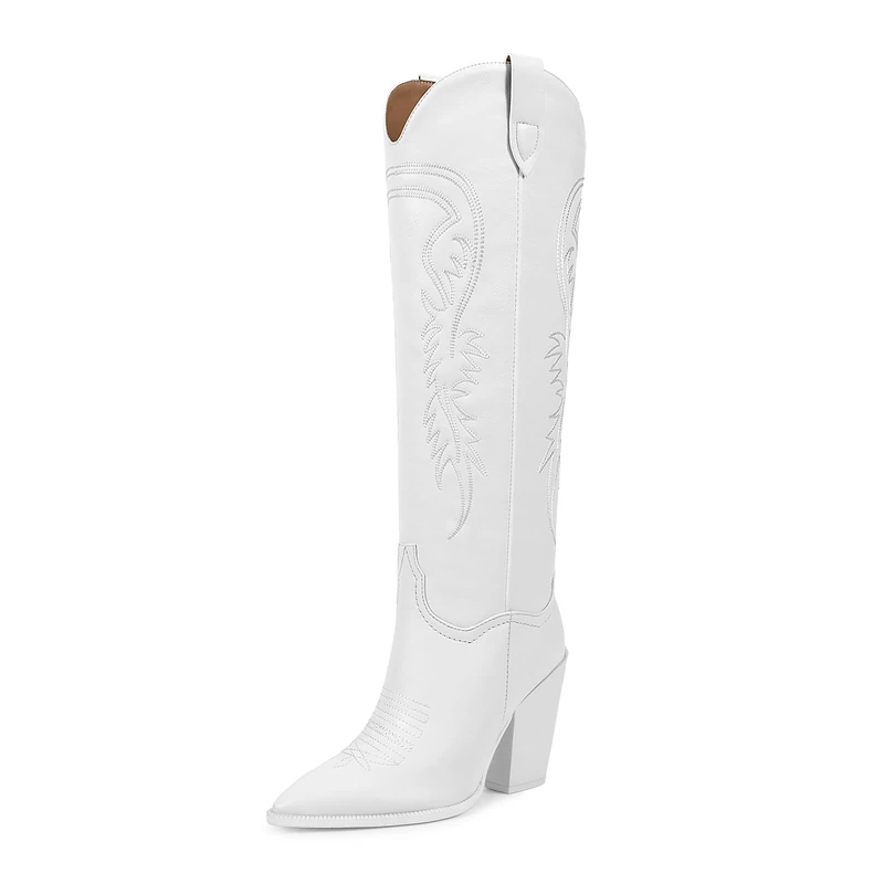 ISNOM Women's Western Boots Knee High Boots, Cowboy Cowgirl Embroidered Chunky Block Heel Pointed Toes Slip on Boots, White, 6 UK
