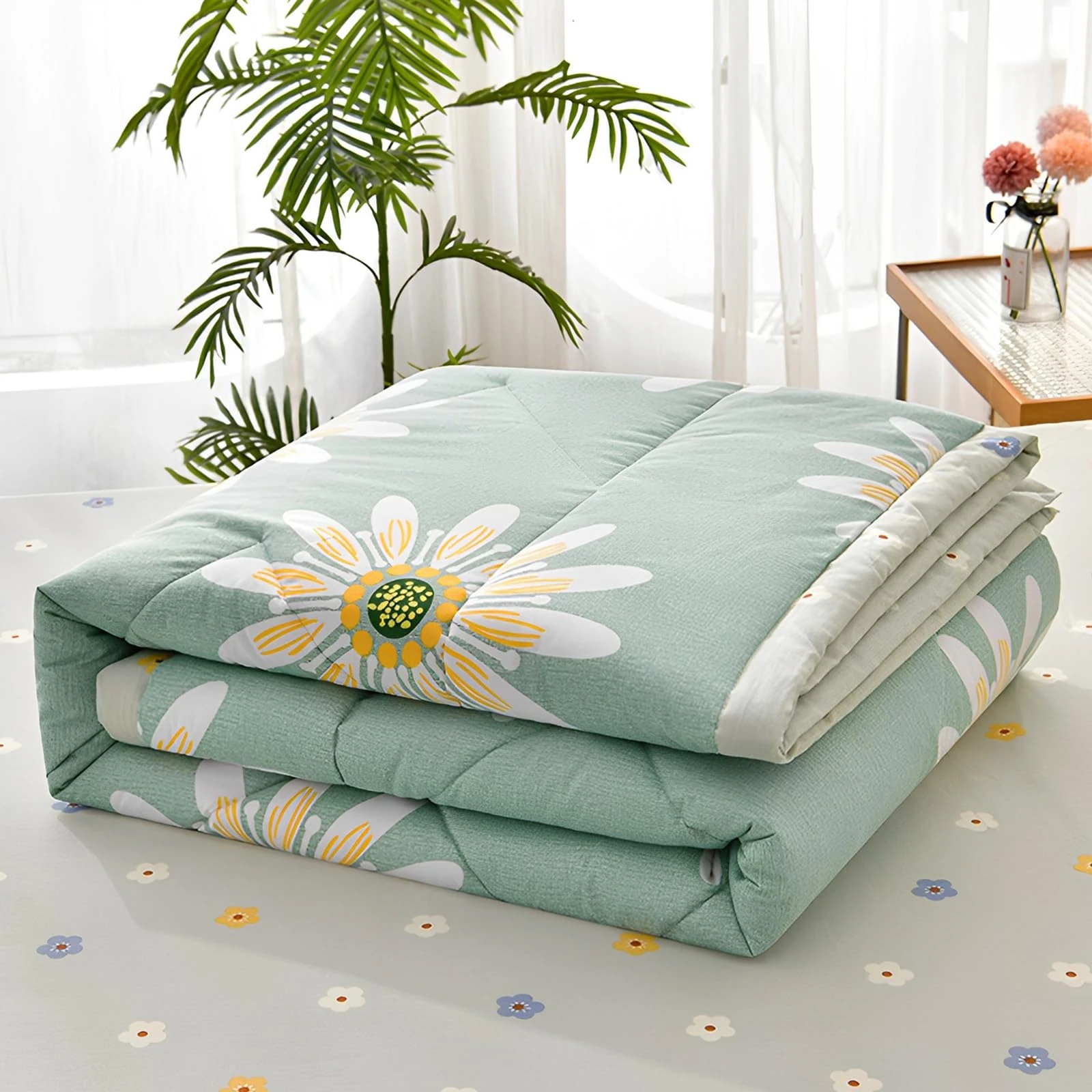 Chickwin Quilted Bedspread for Single Size, 150x200cm Green Daisy Floral Printed Pattern Bedding Coverlets Lightweight Summer Bed Throws Comforter Soft Luxury Sofa Blanket for All Season