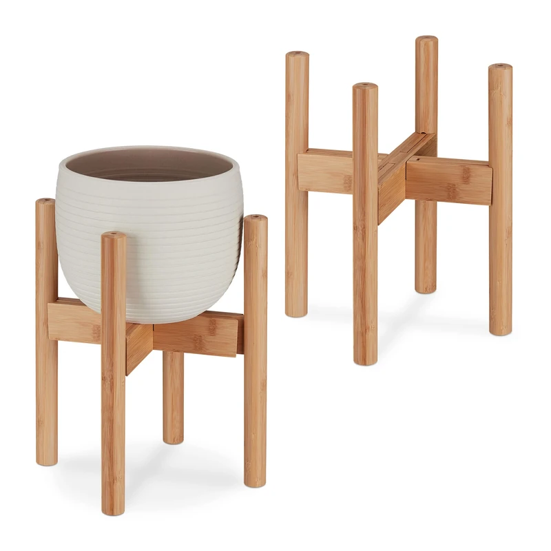 Relaxdays Set of 2 Plant Stand, Bamboo Flower Rack, for Pots up to 32 cm Ø, Adjustable & Stackable, Natural