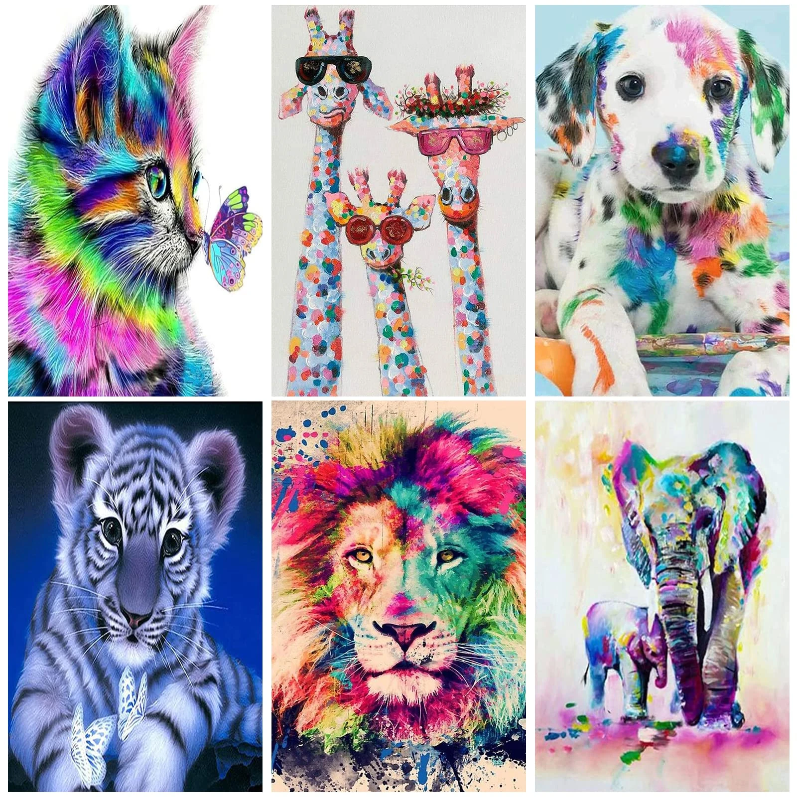 KETIEE Diamond Art Kits Adults 6 Pack Animals Diamond Painting Kits, 5D DIY Diamond Art Animals Cat Tiger Lion Giraffe Elephant Dog Diamond Art Kits for Adults Kids Gift Home Wall Decor 12x16inch