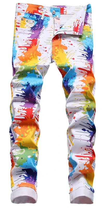 Enrica Men's Casual Printed Jeans Skinny Denim Pants, Paint Printed 5696, 30