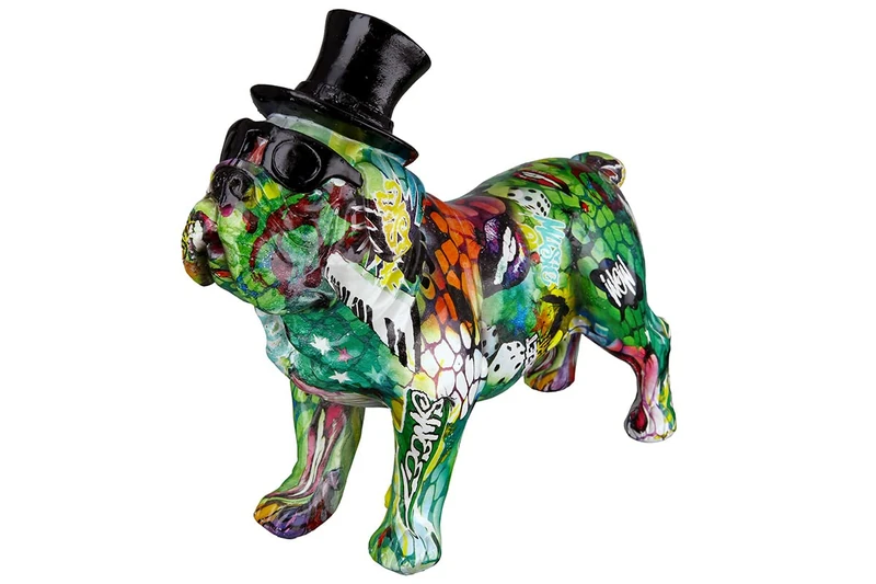 Casablanca Decorative Animal Figure Street Art - Pug Dog Figure with Hat and Glasses - Made of Resin - Colour: Multicoloured, Height 24 cm Length 27 cm