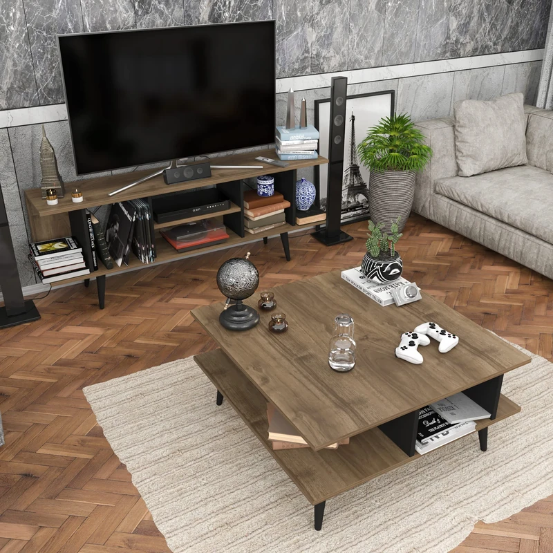 DECOROTIKA - Akya 160 cm Modern TV Stand and Medica Centre (Walnut Colour/Black)