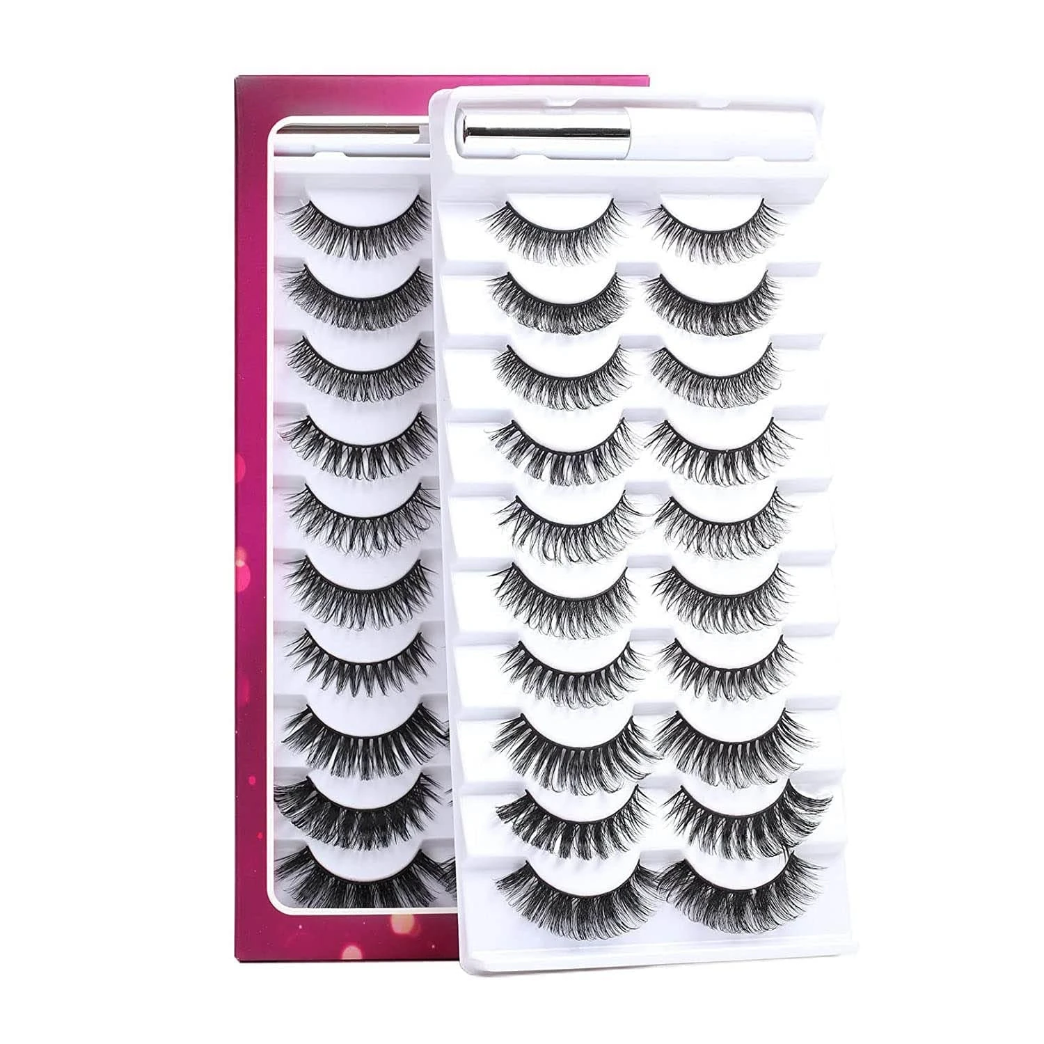 False Eyelashes Russian Strip Lashes D Curl 3D 10 Pairs Fake Lashes Natural False Eyelashe with Eyelash Glue Clear Adhesive Long Lasting Waterproof Multipack Eyelashes