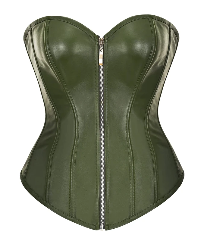 bslingerie® Womens Faux Leather Zipper Front Bustier Corset Top, Dark Green, Large