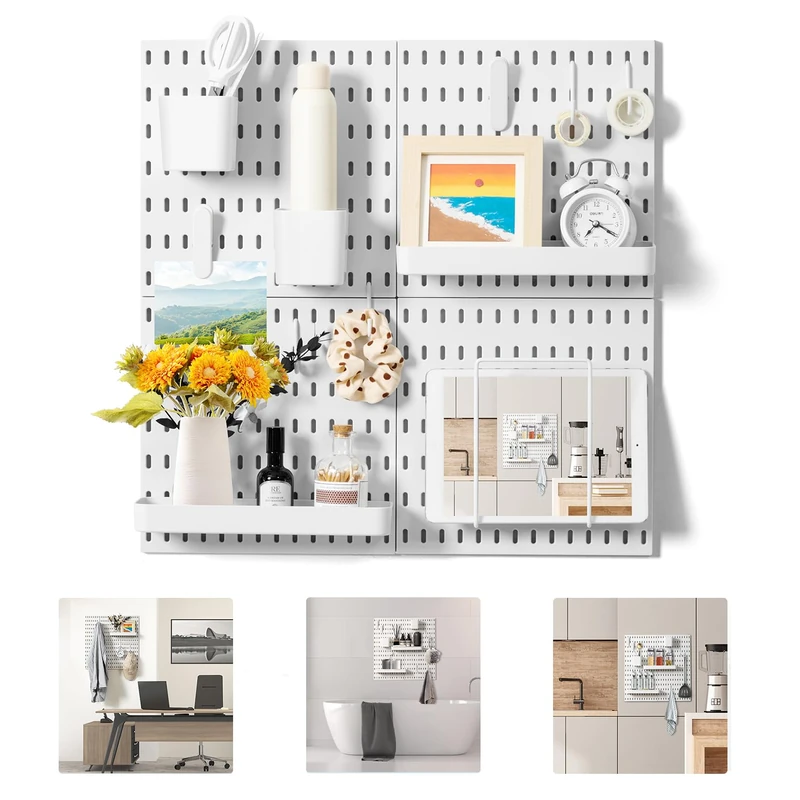 VUSIGN Pegboard Combination Wall Organizer Kit, Wall Mount Display Pegboard Panel Kits for Bedroom, Study, Office, Bathroom, 4 Pieces Pegboards and 17 Accessories, 22" x 22", White