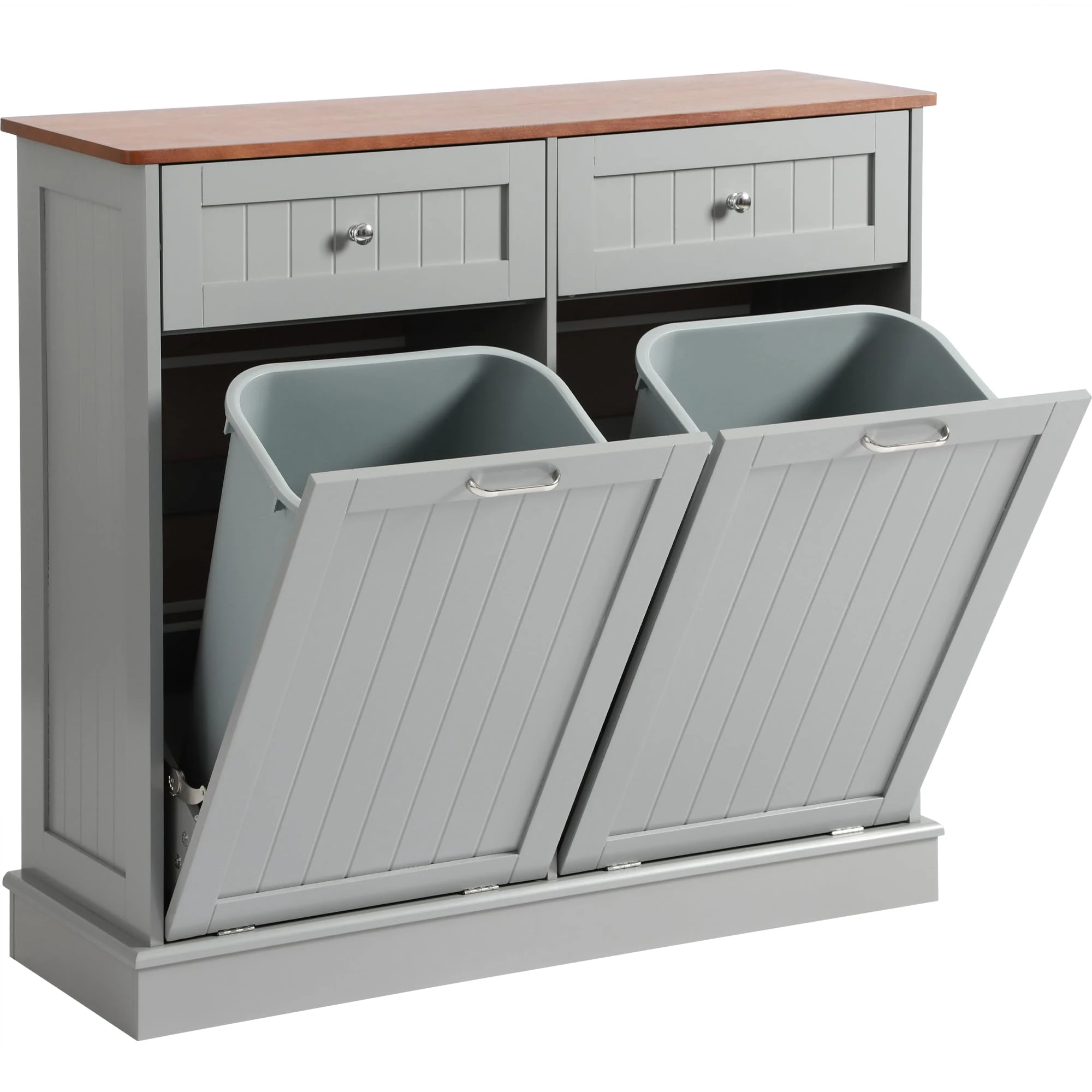 LOUVIXA Tilt Out Trash Bin Cabinet Dog Proof Trash Can Holder with Two Solid Wood Hideaway Trash Holder Drawers, Free Standing Recycling Cabinet