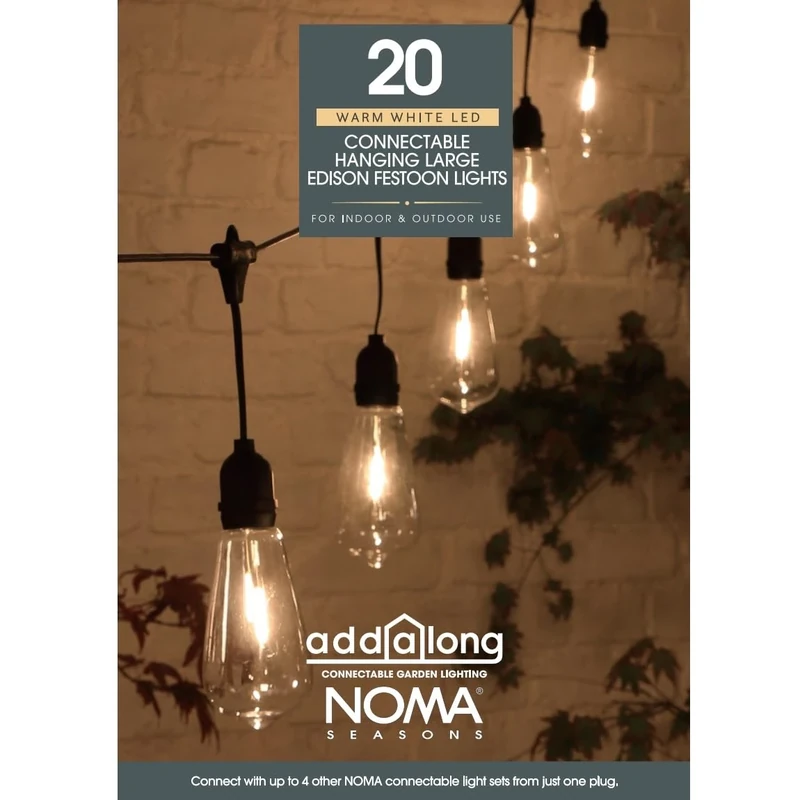 Noma Connectable Drop Festoon Lights, 20 Large Edison LED Bulbs, 10.6 m