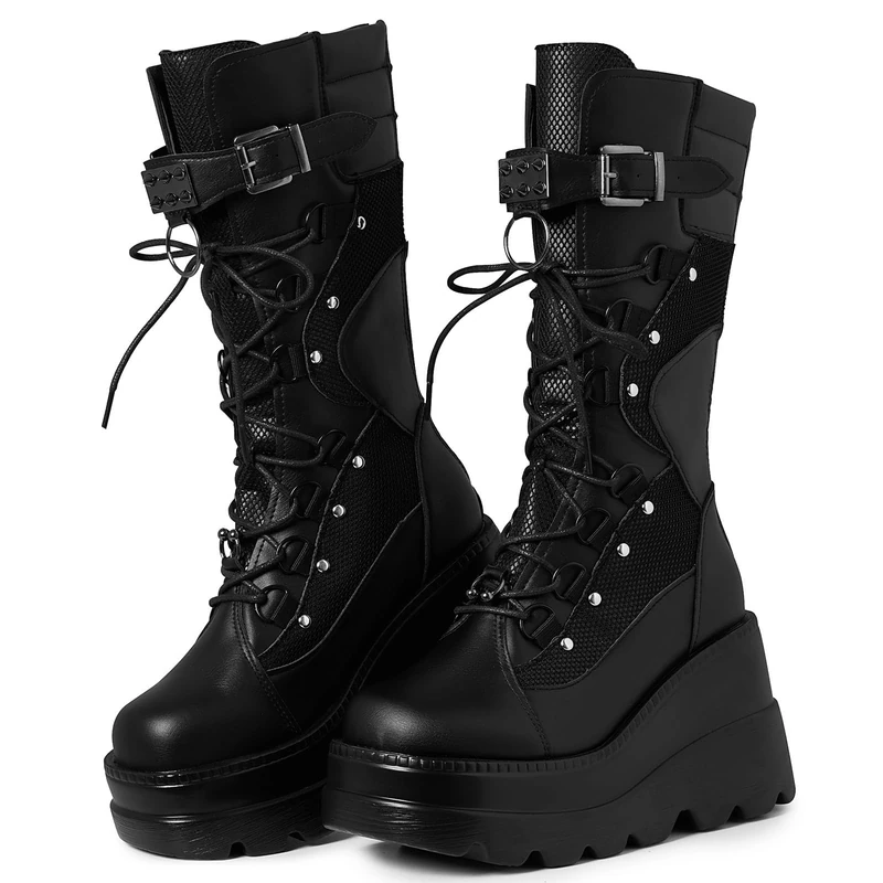 Tscoyuki Women's Platform Mid Calf Boots, Chunky High Heel Wedge Boots Goth Zip & Lace Up Combat Round Toe Motorcycle Boots, Black, 6.5 UK