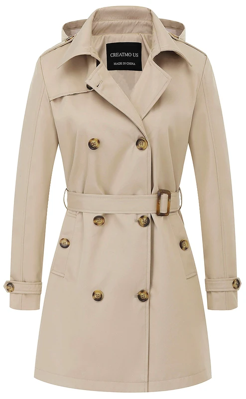 CREATMO US Women's Trench Coat Double-Breasted Classic Lapel Overcoat Belted Slim Outerwear Coat with Detachable Hood, Khaki, XXXXX-Large