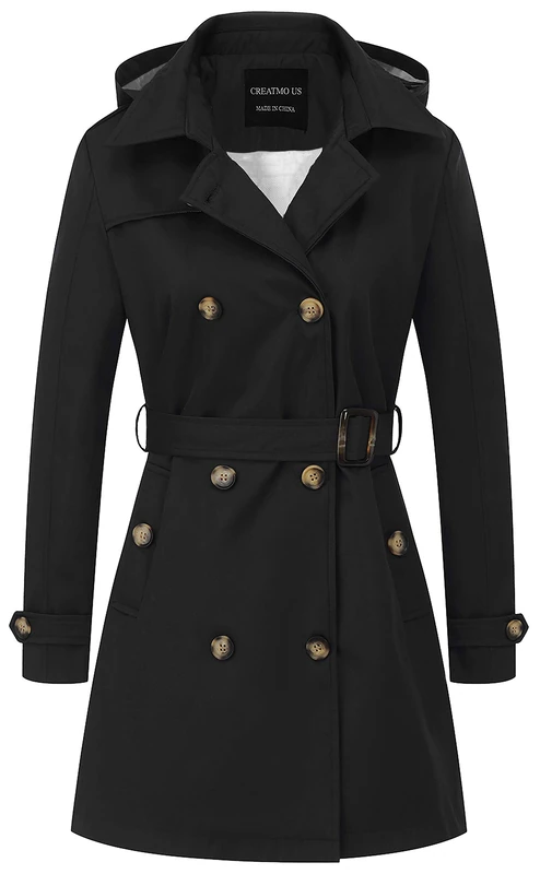 CREATMO US Women's Trench Coat Double-Breasted Classic Lapel Overcoat Belted Slim Outerwear Coat with Detachable Hood, Black, 3XL