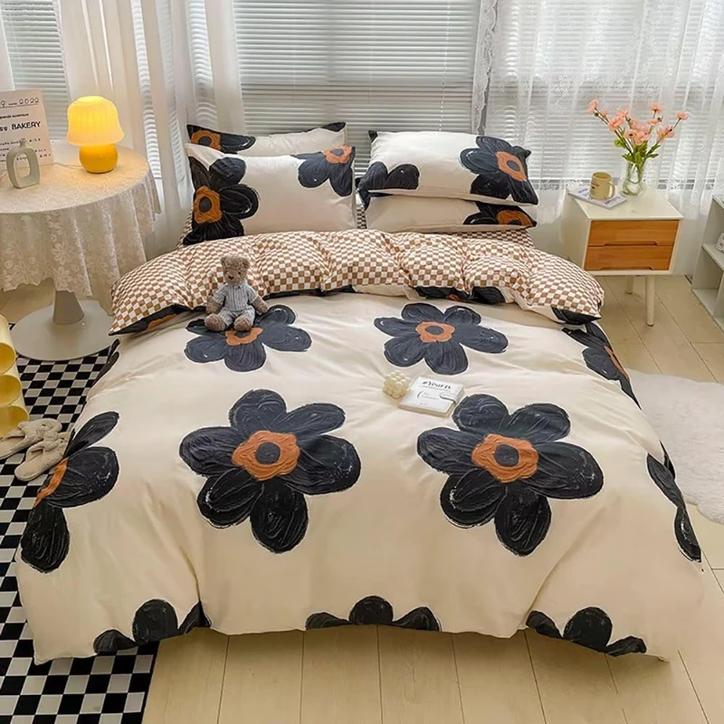 Houseri Black Sunflower Comforter Set King Beige White 3D Floral Bedding King Size Comforters Sets for Women Girls Elegant Beige and Brown Plaid Comforter Vintage Grand Flowers Bed Quilts