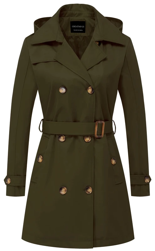 CREATMO US Women's Trench Coat Double-Breasted Classic Lapel Overcoat Belted Slim Outerwear Coat with Detachable Hood, Army Green, XS