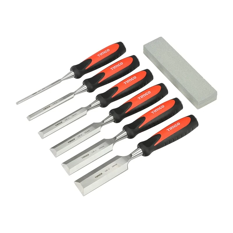 TIMCO Bevel Edge Wood Chisel Set - Tough and Hard Wearing for Demanding Woodworking Jobs and DIY Woodworking - Split Resistant Handle - 7 Pieces