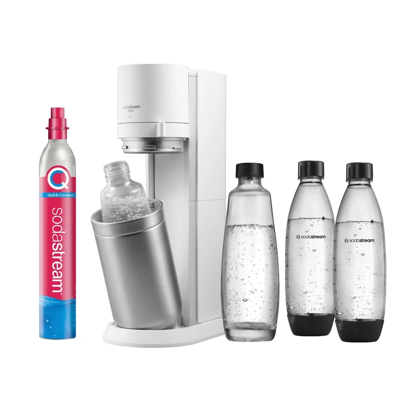 SodaStream Duo Water Carbonator with CO2 Cylinder, 2 x Glass Bottles and 2 x 1 Litre Dishwasher Safe Plastic Bottle, White, Height: 44 cm