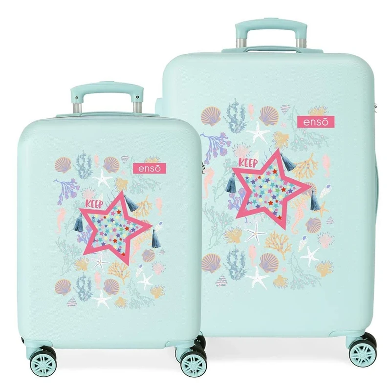 Enso Keep The Oceans Clean Suitcase Set Blue 55/65 cm Rigid ABS Combination Lock Side 91L 6 kg 4 Double Wheels