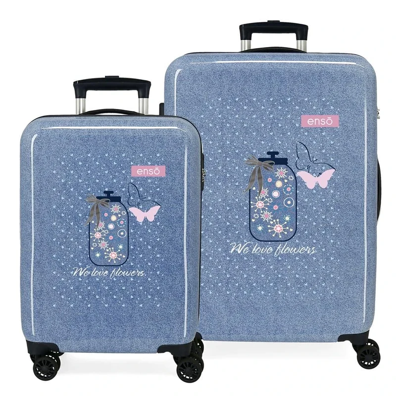 Enso We Love Flowers Suitcase Set Blue 55/68 cm Rigid ABS Combination Lock Side 104L 6 kg 4 Double Wheels