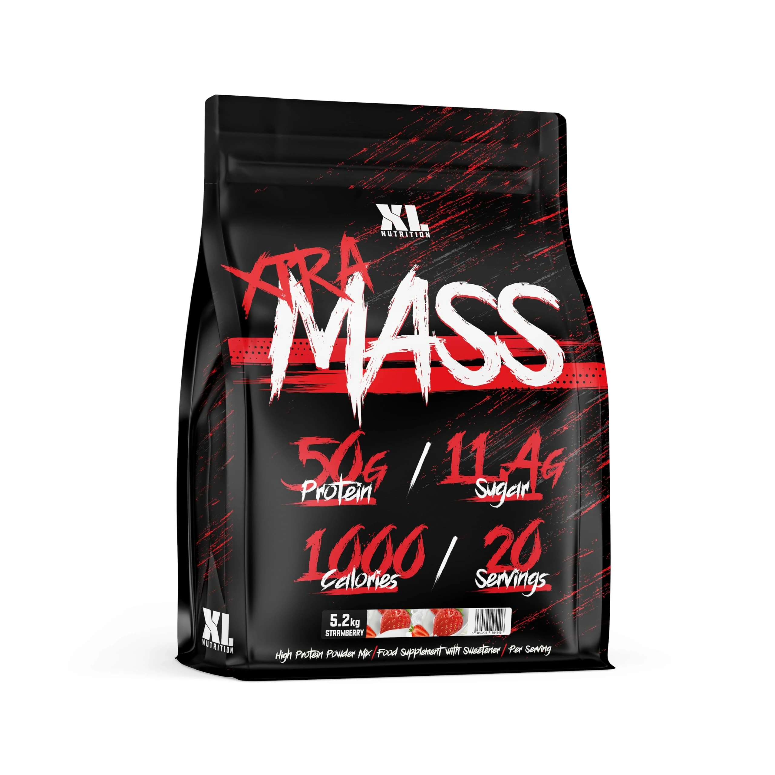 XL Nutrition Xtra Mass 5.2kg Mass Gainer - Serious Mass Protein Powder - 50g Protein, 1000 Calories, Creatine Monohydrate, BCAA, Glutamine - 20 Servings, Strawberry Flavour