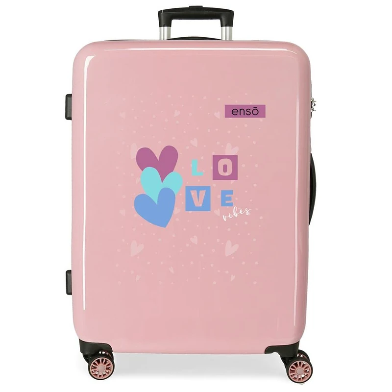 Enso Love Vibes Medium Suitcase Pink 48 x 68 x 26 cm Hard Plastic Side Combination Lock 70L 3kg 4 Wheels, Pink, Medium Suitcase
