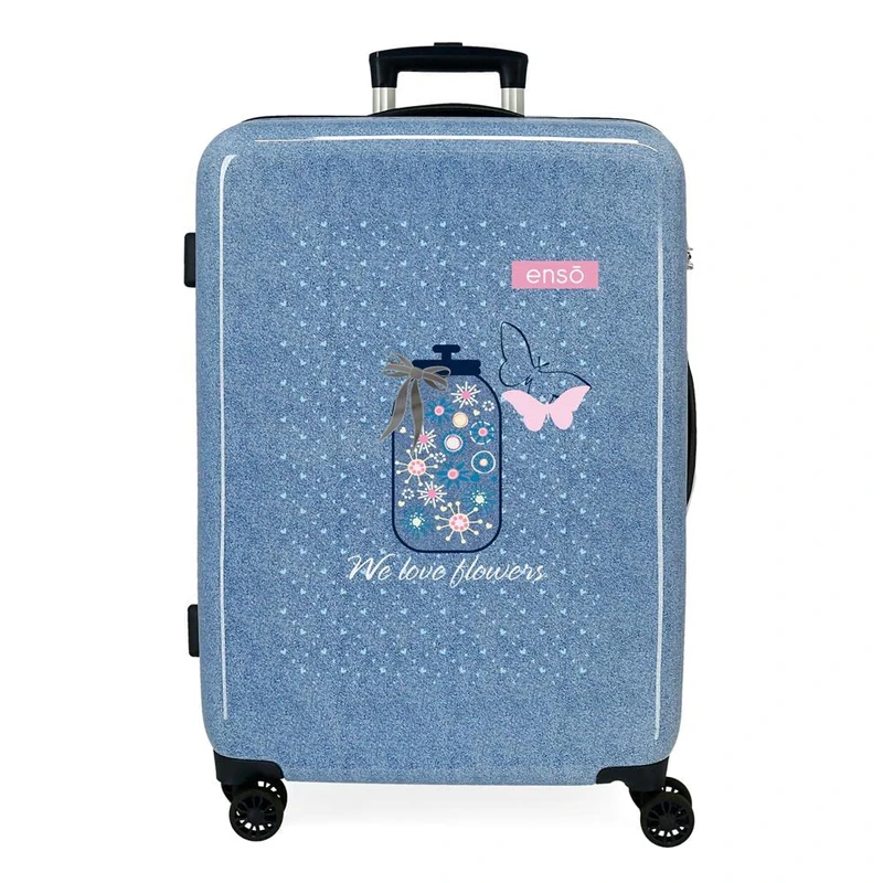Enso We Love Flowers Medium Suitcase Blue 48x68x26cm Rigid ABS Combination Closure Side 70L 3kg 4 Double Wheels