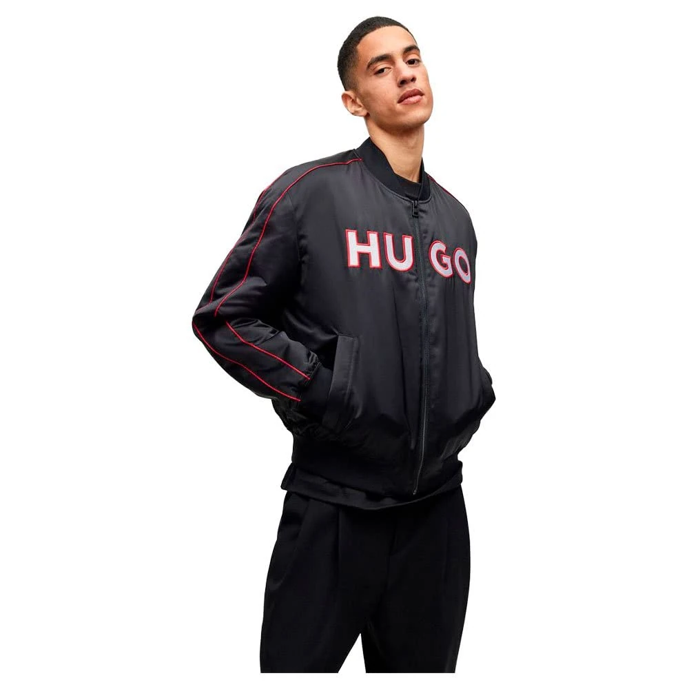 HUGO Mens Balix2311 Relaxed-fit Bomber Jacket in Satin with Embroidered Logo Black
