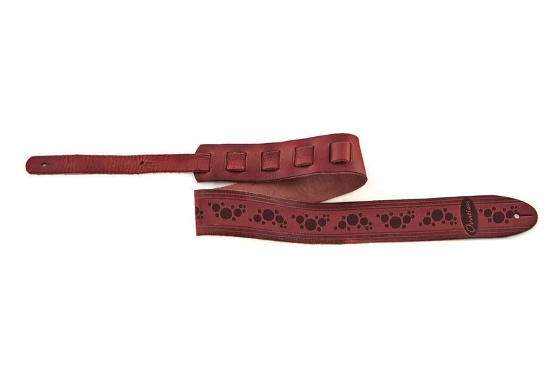 OVATION Guitar Strap, Premium Signature Leather, "Multi buca" motif, ruby red