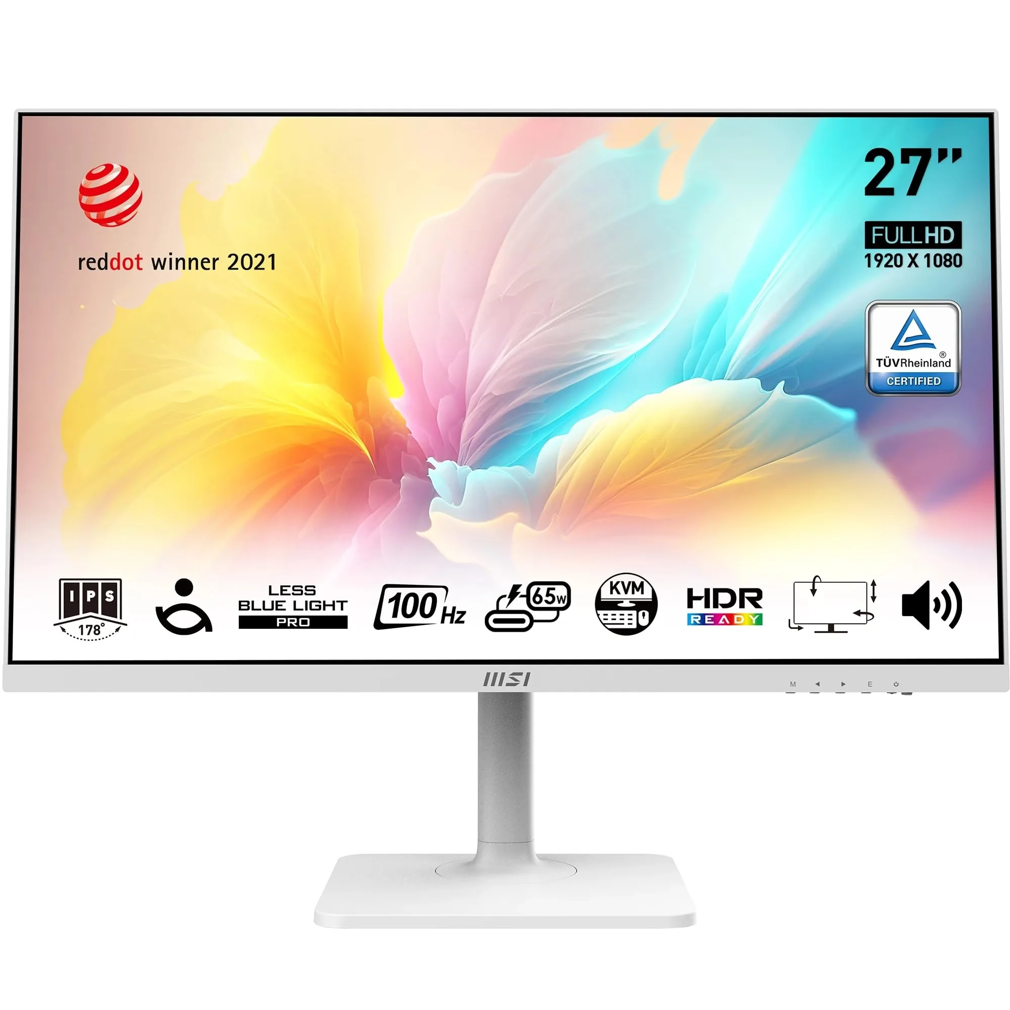 MSI Modern MD272XPW 27 Inch FHD Office Monitor - 1920 x 1080 IPS Panel, 100 Hz, Eye-Friendly Screen, HDR Ready, Built-in Speakers, 4-Way Adjustable, KVM - DP 1.2a, HDMI 1.4b, USB Type-C